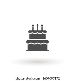 Birthday cake element in flat simple style on white background. Cake icon, Happy birthday. celebration with three candles.