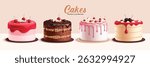 Birthday cake elements clipart set. Cake dessert 3d clip art in strawberry, raspberry, chocolate and red velvet flavors with yummy cherry toppings collection vector illustration. 
