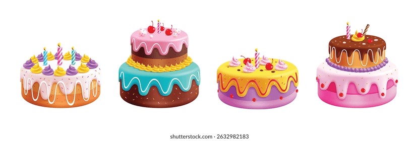 Birthday cake elements clipart set. Happy birthday cake fondant with assorted flavor clip art collection whole and layer realistic delicious dessert vector illustration.
