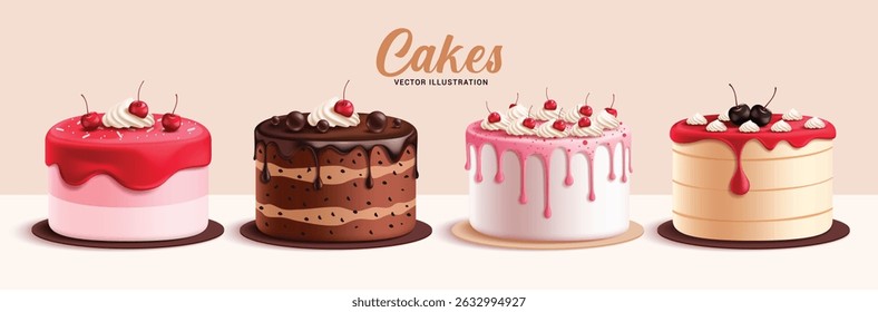 Birthday cake elements clipart set. Cake dessert 3d clip art in strawberry, raspberry, chocolate and red velvet flavors with yummy cherry toppings collection vector illustration. 
