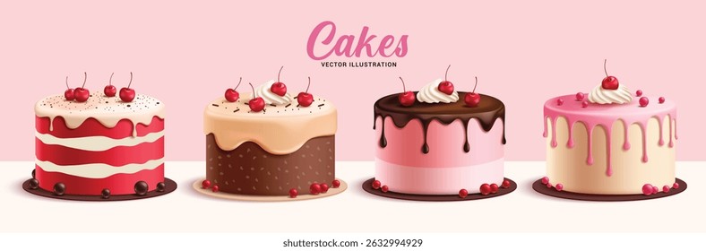 Conjunto de clipart de elementos do bolo de aniversário. 3d bolo sobremesa clip art coleção em veludo vermelho, chocolate, morango e framboesa sabores com cereja e cobertura de cobertura decoração vetor ilustração. 
