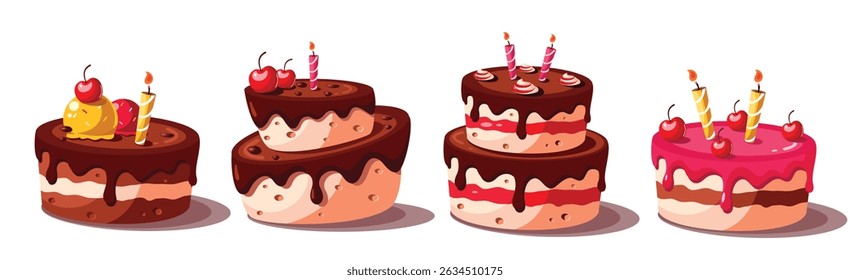 Birthday cake elements clipart set. Cake with chocolate and strawberry flavor clip art collection delightful and delicious dessert for birthday, wedding and anniversary drawing icon vector 