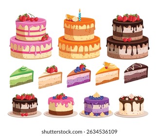 Birthday cake elements clipart set. Birthday cake dessert in whole, two layers and slices clip art with delicious flavors like strawberry, lemon, chocolate and cherry collection vector illustration.
