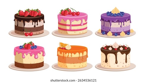 Birthday cake elements clipart set. Cake delicious dessert clip art in chocolate, strawberry and blueberry sweet pastry collection for birthday party celebration vector illustration. 
