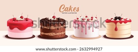 Birthday cake elements clipart set. Cake dessert 3d clip art in strawberry, raspberry, chocolate and red velvet flavors with yummy cherry toppings collection vector illustration. 
