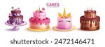 Birthday cake elements vector design. Cakes blueberry, strawberry, pink unicorn and chocolate flavors for sweet dessert party celebration element collection. Vector illustration birthday cakes 