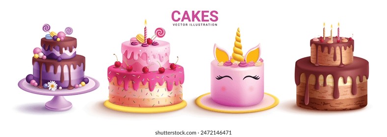 Birthday cake elements vector design. Cakes blueberry, strawberry, pink unicorn and chocolate flavors for sweet dessert party celebration element collection. Vector illustration birthday cakes 