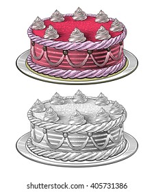 Birthday cake in engraving style, isolated on transparent background.