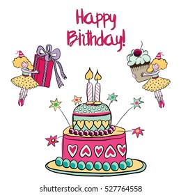 Birthday cake with fairies with cupcake and present. Vector illustration on white background