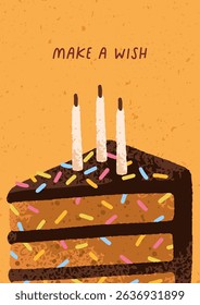 Birthday cake with festive candles, greeting card design. Holiday postcard, banner background, poster with yummy confectionery, sweet chocolate pastry for celebration. Flat vector illustration