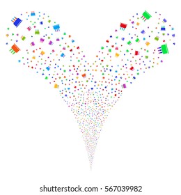 Birthday Cake fireworks stream. Vector illustration style is flat bright multicolored iconic symbols on a white background. Object double fountain organized from random pictographs.