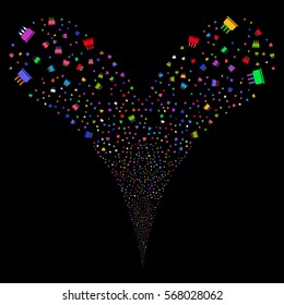 Birthday Cake fireworks stream. Vector illustration style is flat bright multicolored iconic symbols on a black background. Object double fountain organized from random symbols.