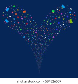 Birthday Cake fireworks stream. Vector illustration style is flat bright multicolored iconic symbols on a blue background. Object double fountain done from random icons.
