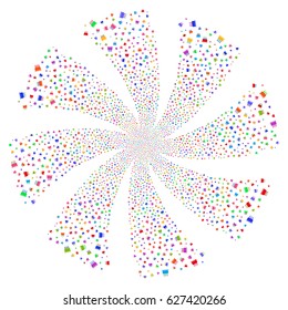 Birthday Cake fireworks swirl rotation. Vector illustration style is flat bright multicolored iconic symbols on a white background. Object spiral organized from random symbols.