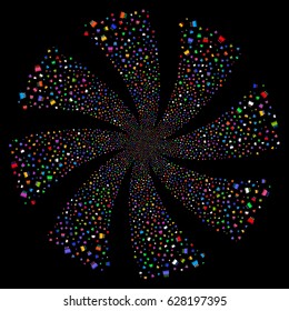 Birthday Cake fireworks swirl rotation. Vector illustration style is flat bright multicolored iconic symbols on a black background. Object flower organized from random pictographs.