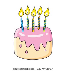 Birthday cake with five candles isolated cartoon vector illustration