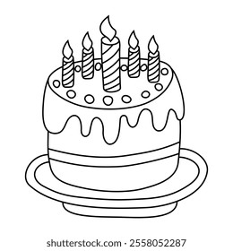 Birthday cake with five lit candles on a plate. Black and white line art illustration for coloring book. Birthday celebration and party concept. Design for greeting card, invitation, and poster.