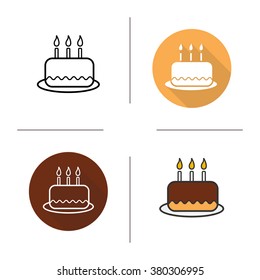 Birthday cake flat design, linear and color icons set. Holiday sweet cake with icing and candles. Pastry product. Long shadow logo concept. Isolated cake vector illustrations. Infographic elements