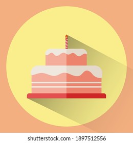Birthday cake flat design in yellow circle on light orange background