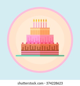 Birthday cake flat detailed colorful icon with festive elements, cherry, striped candles, chocolate topping and biscuits