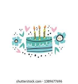 Birthday cake flat hand drawn illustration. Three burning candles on B-day pie. Festive pastry isolated clipart for greeting card. Spring, summer flowers and hearts in scandinavian style