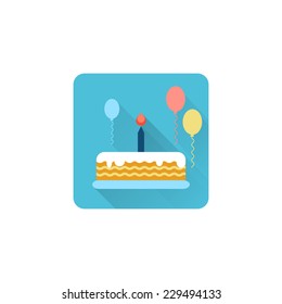 Birthday cake flat icon with air balloon and long shadow. Vector illustration.