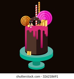 Birthday cake.  Flat icon of colorul marzipan cake with lollipop, candy, licorice stick, chocolate, glaze, donut. Typography lettering like label. Modern hipster dessert