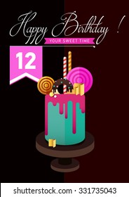 Birthday cake.  Flat icon of colorul marzipan cake with lollipop, candy, licorice stick, chocolate, glaze, donut. Typography lettering like label. Modern hipster dessert