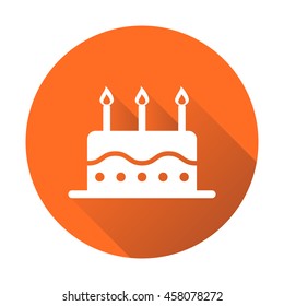 Birthday cake flat icon. Fresh pie muffin on orange round background