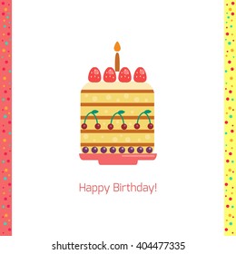 Birthday cake flat icon isolated white background. Happy birthday card with cake illustration. Greeting card. Celebration concept