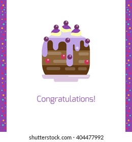 Birthday cake flat icon isolated white background. Happy birthday congratulations card with cake illustration. Greeting card. Celebration concept. Tasty cake