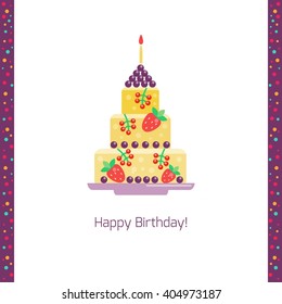 Birthday cake flat icon isolated white background. Happy birthday card with cake illustration. Greeting card. Celebration concept