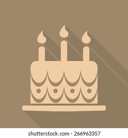 birthday cake flat icon with long shadow on gray background. vec