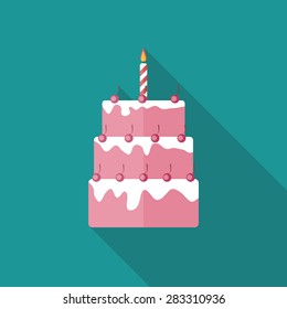 Birthday Cake Flat Icon with Long Shadow, Vector Illustration Eps10