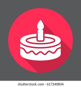 birthday cake flat icon. Round colorful button, circular vector sign with long shadow effect. Flat style design
