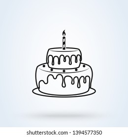 Birthday Cake Flat Style Line Art. Icon Isolated On White Background. Vector Illustration 