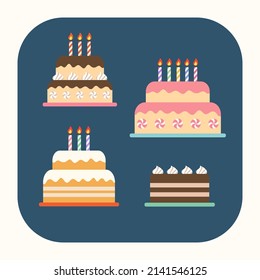 Birthday cake flat vector ilustration. Colorful picture for gift card with cake and candles. Isolated