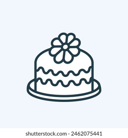 Birthday cake with flower decor and icing on a tray web icon. Flat outline pictogram with editable stroke. Bakery, sweet food concept. Cute dessert for your design. Isolated illustration