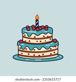 A birthday cake with flower on top. Vector illustration in simple flat style on pastel background