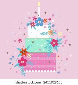 Birthday cake and flowers. Party holiday background. Birthday party. Party decoration. Cute pink design