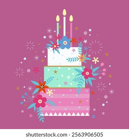 Birthday cake and flowers. Party holiday background. Birthday party. Party decoration. Cute pink design