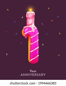 Birthday cake font number 1 with candle. One year anniversary. Tasty collection. Vector illustration