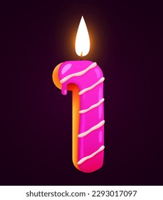 Birthday cake font number 1 with candle. One year anniversary. Tasty collection. Vector illustration