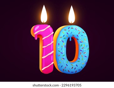 Birthday cake font number 10 with candle. One year anniversary. Tasty collection. Vector illustration