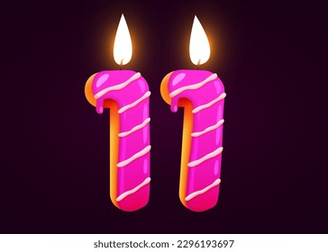 Birthday cake font number 11 with candle. One year anniversary. Tasty collection. Vector illustration