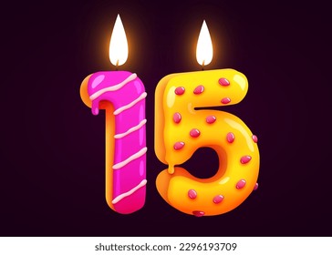 Birthday cake font number 15 with candle. One year anniversary. Tasty collection. Vector illustration