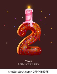 Birthday cake font number 2 with candle. Two year anniversary. Tasty collection. Vector illustration