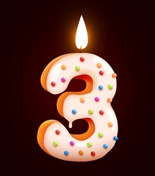 Birthday Cake Font Number 3 With Candle. Three Year Anniversary. Tasty Collection. Vector Illustration