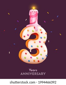 Birthday cake font number 3 with candle. Three year anniversary. Tasty collection. Vector illustration