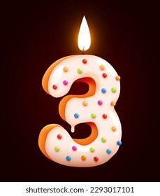 Birthday cake font number 3 with candle. Three year anniversary. Tasty collection. Vector illustration